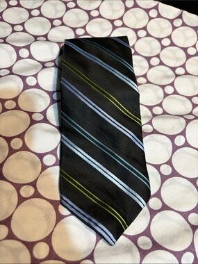 DKNY Black Diagonal Tie with Blue and Green Stripes